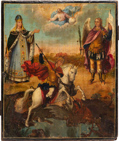 AN ICON SHOWING ST. GEORGE SLAYING THE DRAGON FLANKED BY ST. OLGA AND THE ARCHANGEL MICHAEL - Foto 1
