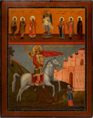 A MONUMENTAL ICON SHOWING ST. GEORGE KILLING THE DRAGON, THE ARCHANGEL MICHAEL AND SELECTED SAINTS