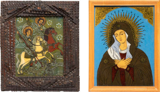 TWO REVERSE-PAINTINGS ON GLASS SHOWING THE MOTHER OF GOD AND STS. GEORGE AND DEMETRIUS - photo 1