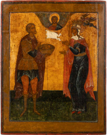 A MONUMENTAL ICON SHOWING ST. JOHN THE WARRIOR AND ST. PARASKEVA FROM A CHURCH ICONOSTASIS - Foto 1