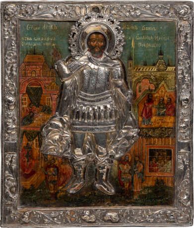 AN ICON SHOWING ST. JOHN THE WARRIOR WITH A SILVER-GILT BASMA - фото 1
