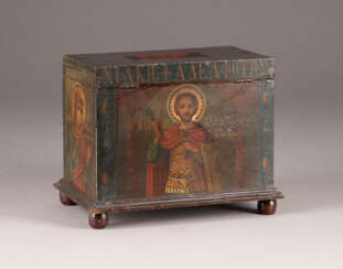 A POOR BOX WITH STS. ISIDOR, MARCELLA AND MARY MAGDALENE