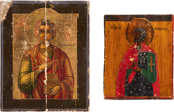 A SMALL ICON SHOWING ST. PANTELEIMON AND A FRAGMENT OF AN ICON SHOWING NIKITA - фото 1