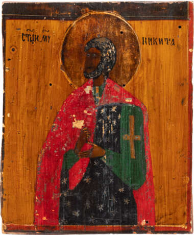 A SMALL ICON SHOWING ST. PANTELEIMON AND A FRAGMENT OF AN ICON SHOWING NIKITA - photo 3