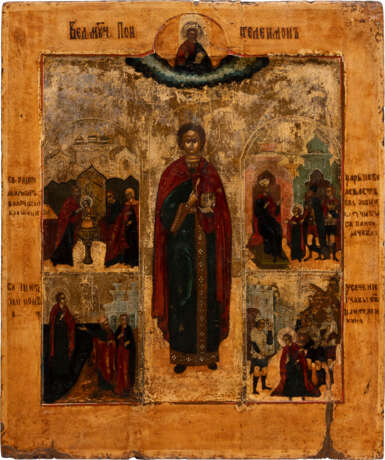 A LARGE ICON SHOWING ST. PANTELEIMON WITH FOUR SCENES FROM HIS LIFE - фото 1
