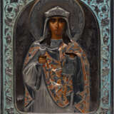 A RARE AND FINE ICON SHOWING ST. BARBARA WITH AN ENAMELLED SILVER OKLAD - фото 1