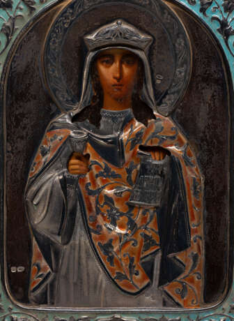 A RARE AND FINE ICON SHOWING ST. BARBARA WITH AN ENAMELLED SILVER OKLAD - фото 2
