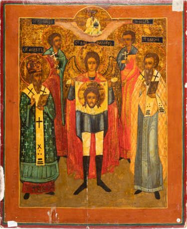 A LARGE ICON SHOWING THE ARCHANGEL MICHAEL AND FOUR PATRON SAINTS OF ANIMALS: FLORUS, LAURUS, MODEST AND BLAISE - фото 1