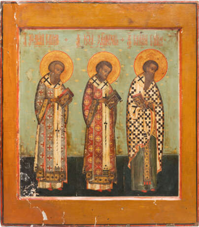 A LARGE ICON SHOWING STS. ATHANASIOS, JOHN CHRYSOSTOM AND BASIL THE GREAT - фото 1