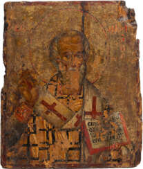 A FINE ENCAUSTIC ICON SHOWING ST. NICHOLAS OF MYRA