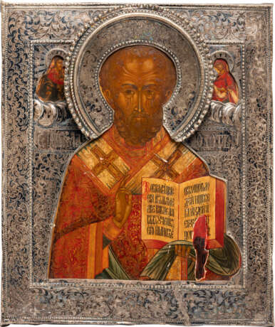 AN ICON SHOWING ST. NICHOLAS OF MYRA WITH A SILVER RIZA - фото 1
