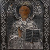 A SMALL ICON SHOWING ST. NICHOLAS OF MYRA WITH A SILVER OKLAD - фото 1