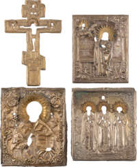 FOUR OKLADS SHOWING ST. NICHOLAS OF MYRA, THE CRUCIFIXION OF CHRIST, ST. MARY MAGDALENE AND THREE HIERARCHS OF ORTHODOXY