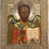 AN ICON SHOWING ST. NICHOLAS OF MYRA WITH BASMA AND SILVER-GILT HALO - фото 1