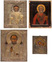 THREE ICONS WITH OKLAD SHOWING CHRIST PANTOKRATOR, THE MOTHER OF GOD OF KAZAN AND ST. NICHOLAS OF MYRA