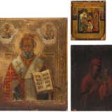 THREE ICONS: A MINIATURE ICON SHOWING THE NATIVITY OF THE MOTHER OF GOD, THE SMOLENSKAYA MOTHER OF GOD AND ST. NICHOLAS OF MYRA - Foto 1