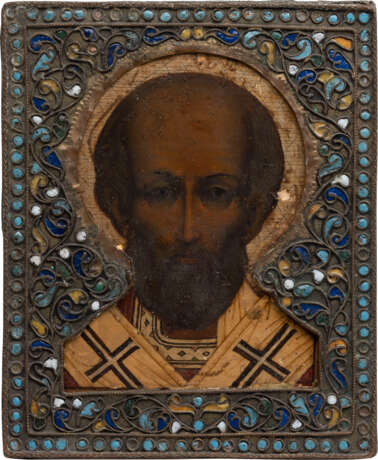 A MINIATURE ICON SHOWING ST. NICHOLAS OF MYRA WITH A CLOISONNÉ ENAMEL RIZA - photo 1