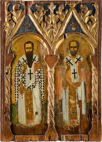 A LARGE ICON SHOWING STS. BASIL THE GREAT AND NICHOLAS OF MYRA FROM AN ICONOSTASIS DOOR - фото 1