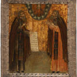 AN ICON SHOWING STS. ZOSIM AND SAVVATIY WITH A SILVER BASMA - фото 1