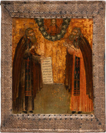 AN ICON SHOWING STS. ZOSIM AND SAVVATIY WITH A SILVER BASMA - фото 1