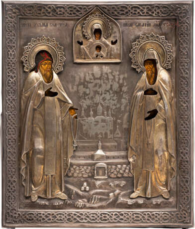 AN ICON SHOWING STS. ZOSIMA AND SAVATIY WITH A SILVER OKLAD - фото 1