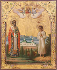 A LARGE ICON SHOWING ST. NICHOLAS OF MYRA AND ST. ARTEMIUS OF VERKOLA AND THE KAZANSKAYA MOTHER OF GOD