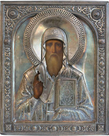 A SMALL ICON SHOWING ST. ALEXIUS, METROPOLITAN OF MOSCOW WITH A SILVER OKLAD - фото 1