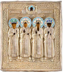 AN ICON SHOWING THE FOUR METROPOLITANS OF MOSCOW WITH A SILVER-GILT AND CLOISONNÉ ENAMEL OKLAD