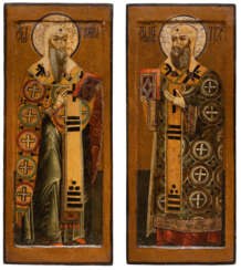 A PAIR OF MONUMENTAL ICONS SHOWING THE METROPOLITANS OF MOSCOW STS. PETER AND IONA FROM A CHURCH ICONOSTASIS