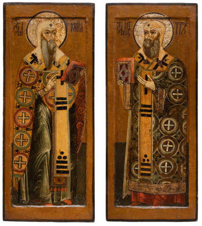 A PAIR OF MONUMENTAL ICONS SHOWING THE METROPOLITANS OF MOSCOW STS. PETER AND IONA FROM A CHURCH ICONOSTASIS - photo 1