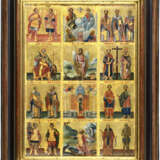 A LARGE DATED MULTI-PARTITE ICON SHOWING THE NEW TESTAMENT TRINITY AND SELECTED SAINTS - фото 1