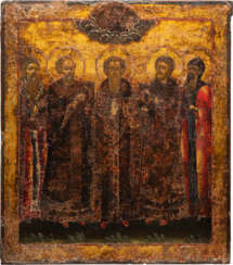 A LARGE ICON SHOWING THE THREE HIERARCHS, ST. AVRAMI AND ST. ANTIPAS