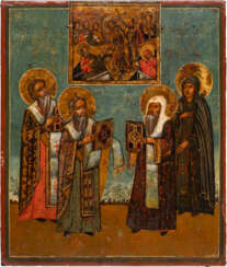 AN ICON SHOWING THE DESCENT INTO HELL AND THE HARROWING OF HELL AND FOUR CHOSEN SAINTS