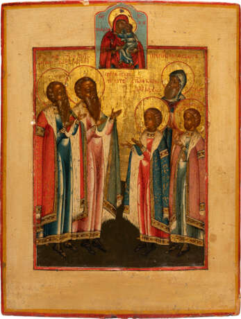 AN ICON SHOWING THE ADORATION OF THE TOLGSKAYA MOTHER OF GOD BY STS. THEODORE, DAVID, CONSTANTINE, BASIL AND CONSTANTINE - фото 1