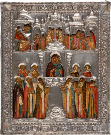 A VERY FINE ICON SHOWING THE ADORATION OF THE TOLGSKAYA MOTHER OF GOD, THE NATIVITY OF THE MOTHER OF GOD AND THE ENTRY INTO THE TEMPLE AND THE EXALTATION OF THE TRUE CROSS WITH A SILVER RIZA - фото 1