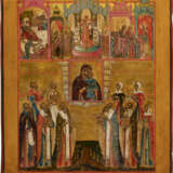 A VERY FINE ICON SHOWING THE ADORATION OF THE TOLGSKAYA MOTHER OF GOD, THE NATIVITY OF THE MOTHER OF GOD AND THE ENTRY INTO THE TEMPLE AND THE EXALTATION OF THE TRUE CROSS WITH A SILVER RIZA - Foto 2