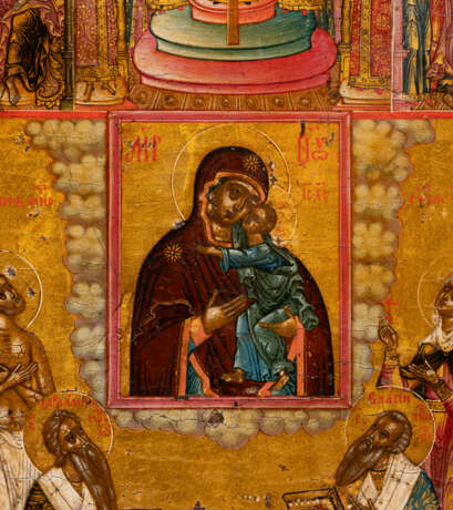 A VERY FINE ICON SHOWING THE ADORATION OF THE TOLGSKAYA MOTHER OF GOD, THE NATIVITY OF THE MOTHER OF GOD AND THE ENTRY INTO THE TEMPLE AND THE EXALTATION OF THE TRUE CROSS WITH A SILVER RIZA - Foto 5