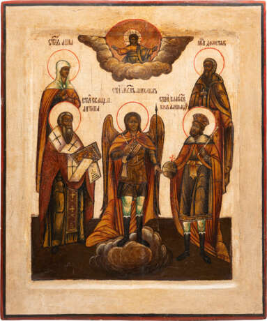 A LARGE ICON SHOWING THE ARCHANGEL MICHAEL AND FOUR SELECTED SAINTS - photo 1