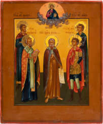AN ICON SHOWING THE PROPHET ELIJAH FLANKED BY STS. FLORUS, LAURUS, NICHOLAS OF MYRA AND GEORGE