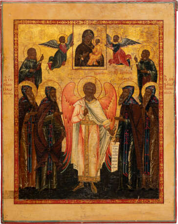 A LARGE ICON SHOWING THE ADORATION OF THE TIKHVINSKAYA MOTHER OF GOD BY THE GUARDIAN ANGEL AND SIX SELECTED SAINTS - photo 1