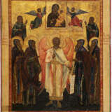 A LARGE ICON SHOWING THE ADORATION OF THE TIKHVINSKAYA MOTHER OF GOD BY THE GUARDIAN ANGEL AND SIX SELECTED SAINTS - фото 1