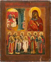 A TRI-PARTITE ICON SHOWING THE NATIVITY OF THE MOTHER OF GOD, THE VLADIMIRSKAYA MOTHER OF GOD AND SELECTED SAINTS