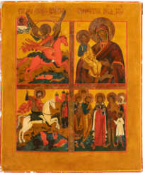 A LARGE QUADRI-PARTITE ICON SHOWING THE ARCHANGEL MICHAEL, THE THREE-HANDED MOTHER OF GOD, ST. GEORGE AND SELECTED SAINTS