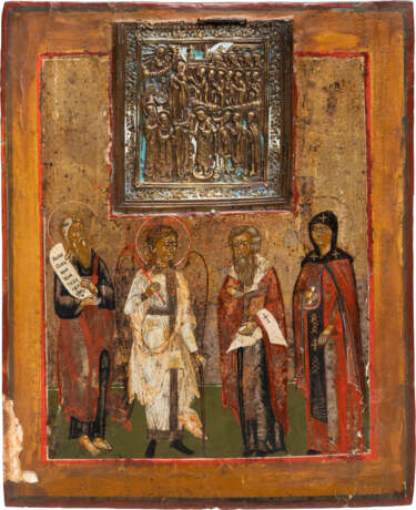 A BRASS AND ENAMEL ICON OF THE POKROV SET INTO AN ICON SHOWING FOUR SELECTED SAINTS - photo 1