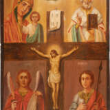 AN ICON SHOWING THE CRUCIFIXION OF CHRIST, THE KAZANSKAYA MOTHER OF GOD AND STS. NICHOLAS, MICHAEL AND GEORGE - фото 1