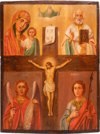 AN ICON SHOWING THE CRUCIFIXION OF CHRIST, THE KAZANSKAYA MOTHER OF GOD AND STS. NICHOLAS, MICHAEL AND GEORGE - Foto 1