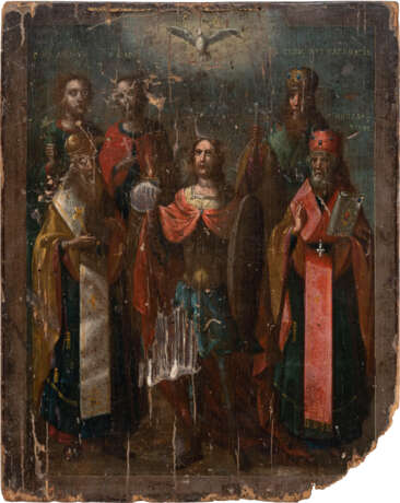 TWO ICONS SHOWING THE APPEARANCE OF THE MOTHER OF GOD TO ST. SERGEY OF RADONEZH AND AN ICON SHOWING SIX SELECTED SAINTS - фото 3