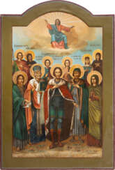 A VERY LARGE ICON SHOWING A SELECTION A F FAVOURITE SAINTS, ST. ALEXANDER NEVSKY, COSMAS AND DAMIAN AMONG THEM