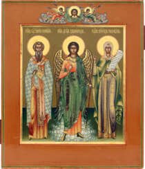 A FINELY PAINTED ICON SHOWING THE GUARDIAN ANGEL AND STS. ZYNOBIOS AND ZYNOBIA