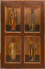 A LARGE ICON SHOWING THE ARCHANGEL GABRIEL, ST. BASIL THE GREAT, STS. LAWRENCE AND VIKTOR